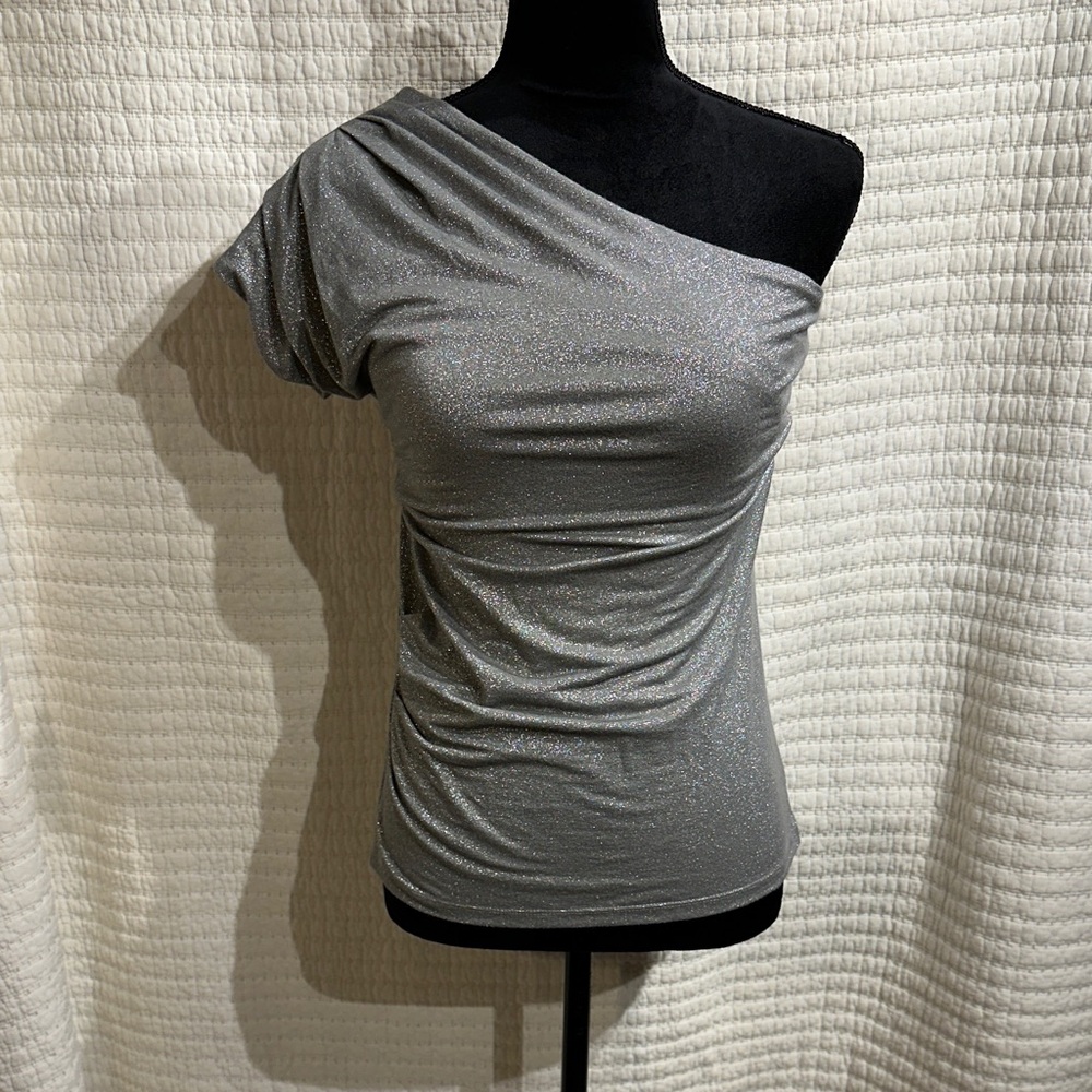 Ann Taylor Shimmering Gray One-Shoulder Ruched Side Blouse